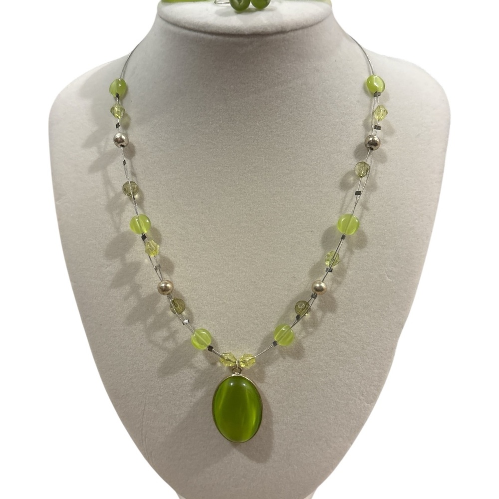 Green Beaded Necklace & Two Pair of Earrings